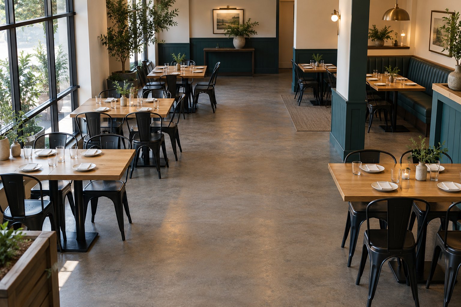 Restaurant dining tables grouped on either side of an open central route.