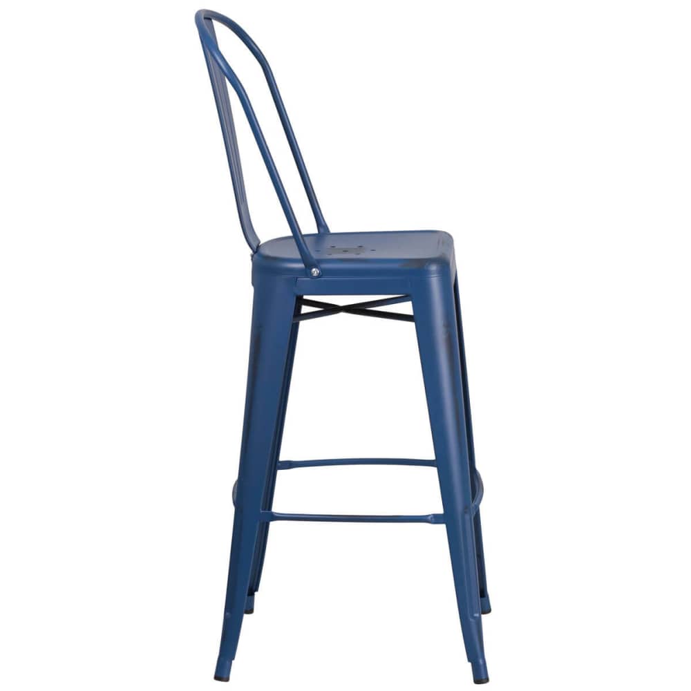Bar stool selection, Distressed dark blue Bistro Style metal