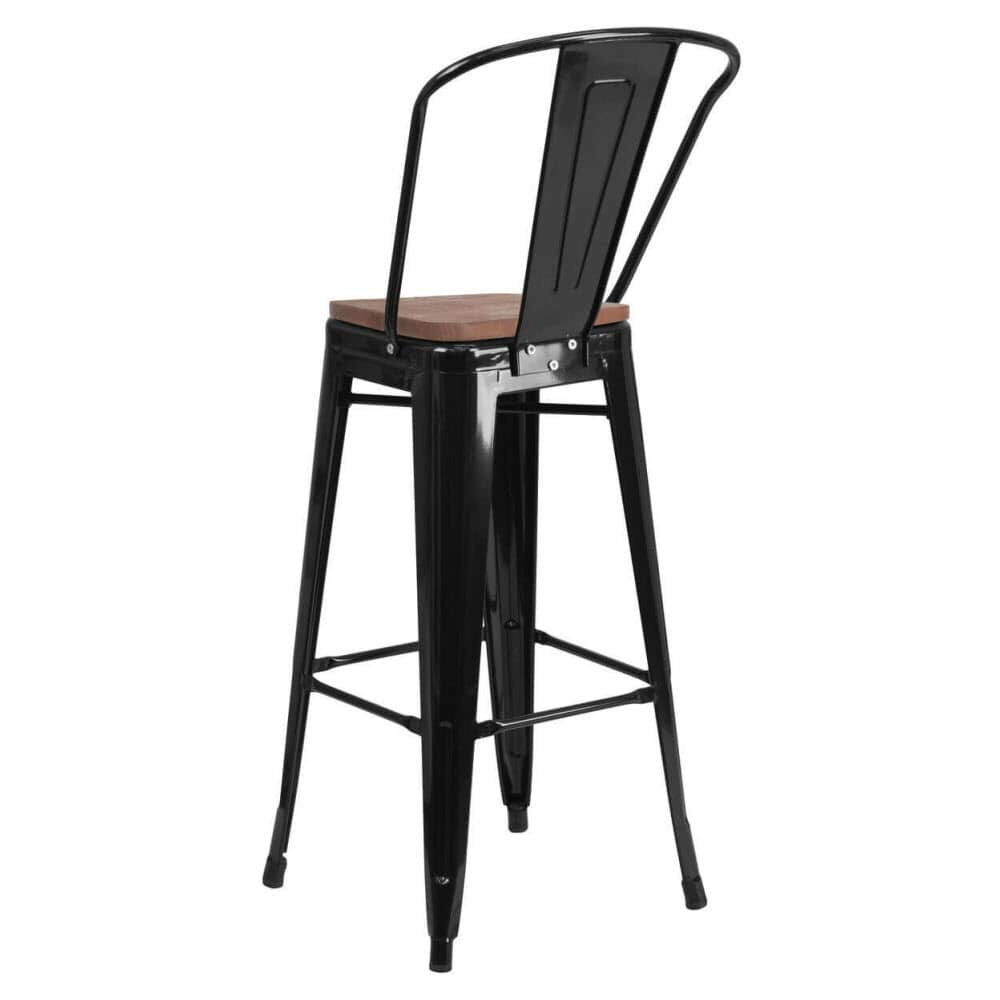 Bistro-Style Black Metal Bar Stool with Walnut Wood Seat