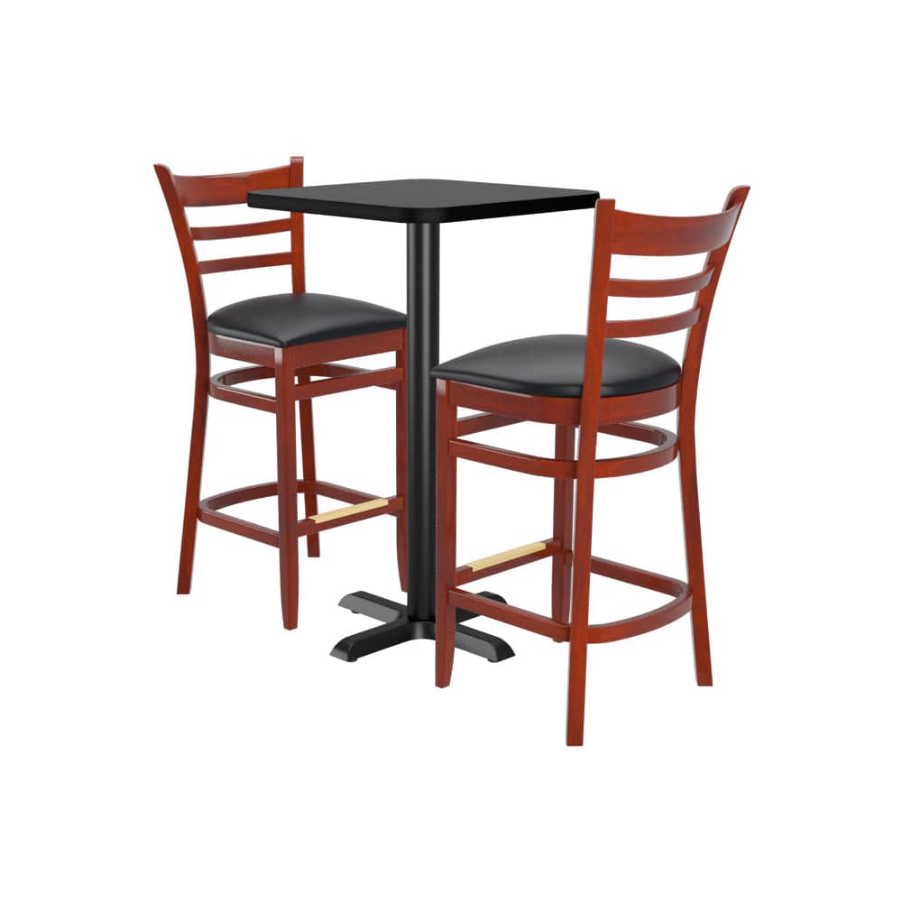 Bar table selection, 2 ladder-back wood bar stools with a square reversible