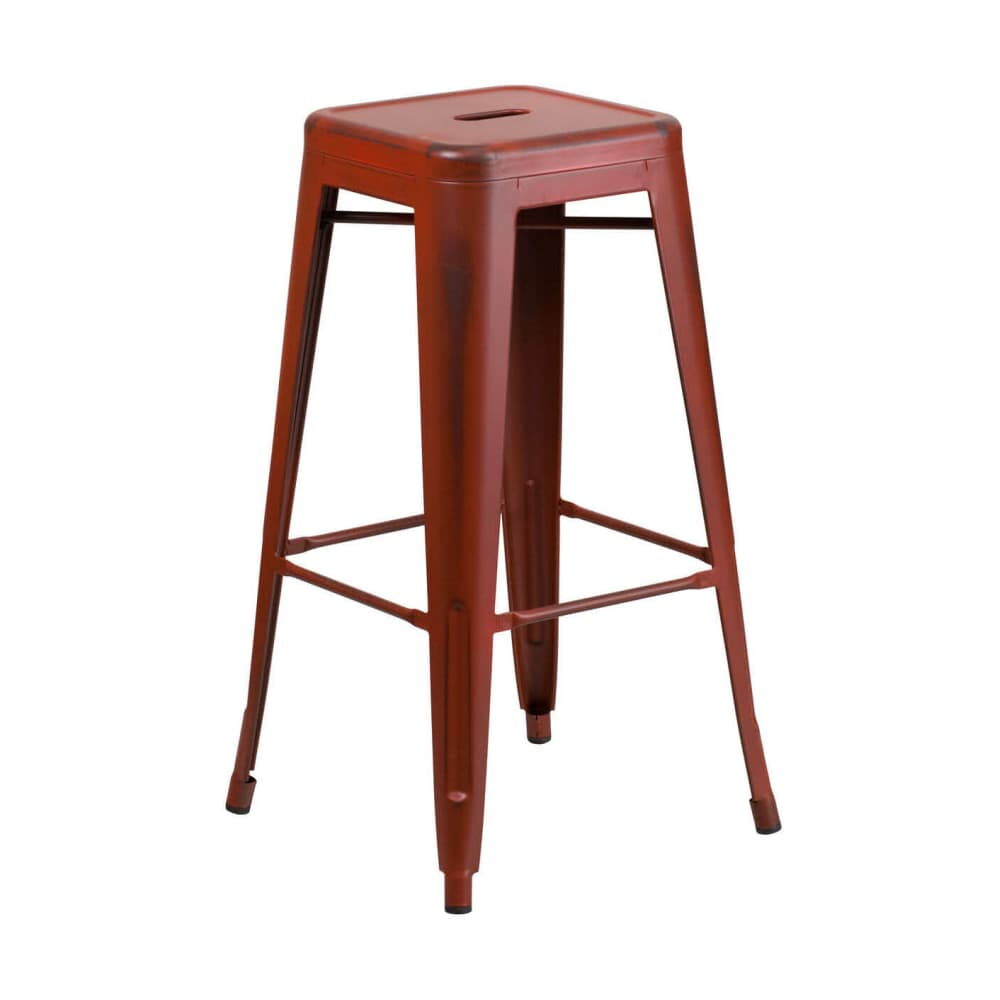 Backless Distressed Red Bistro-Style Bar Stool