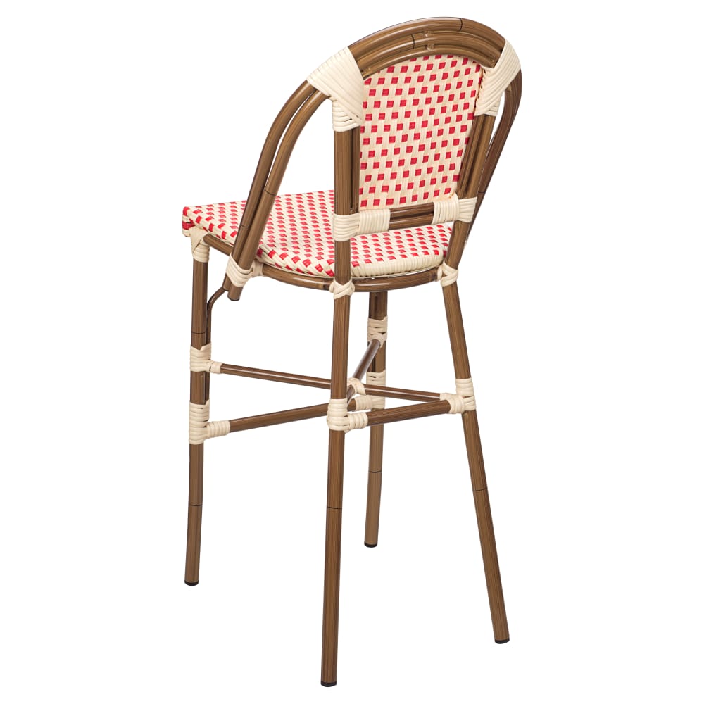 Bar stool selection, Aluminum bamboo patio with red and Cream rattan