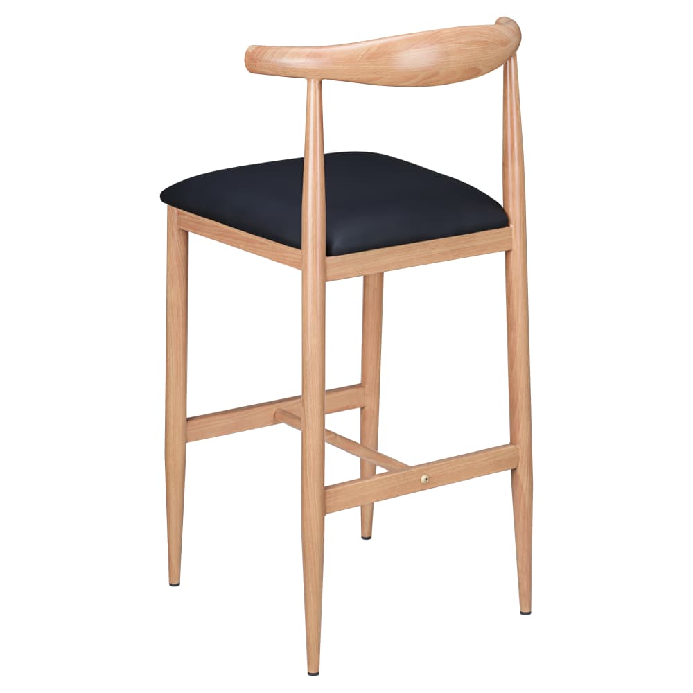 Bar stool selection, Wood Grain metal in natural finish with black vinyl seat