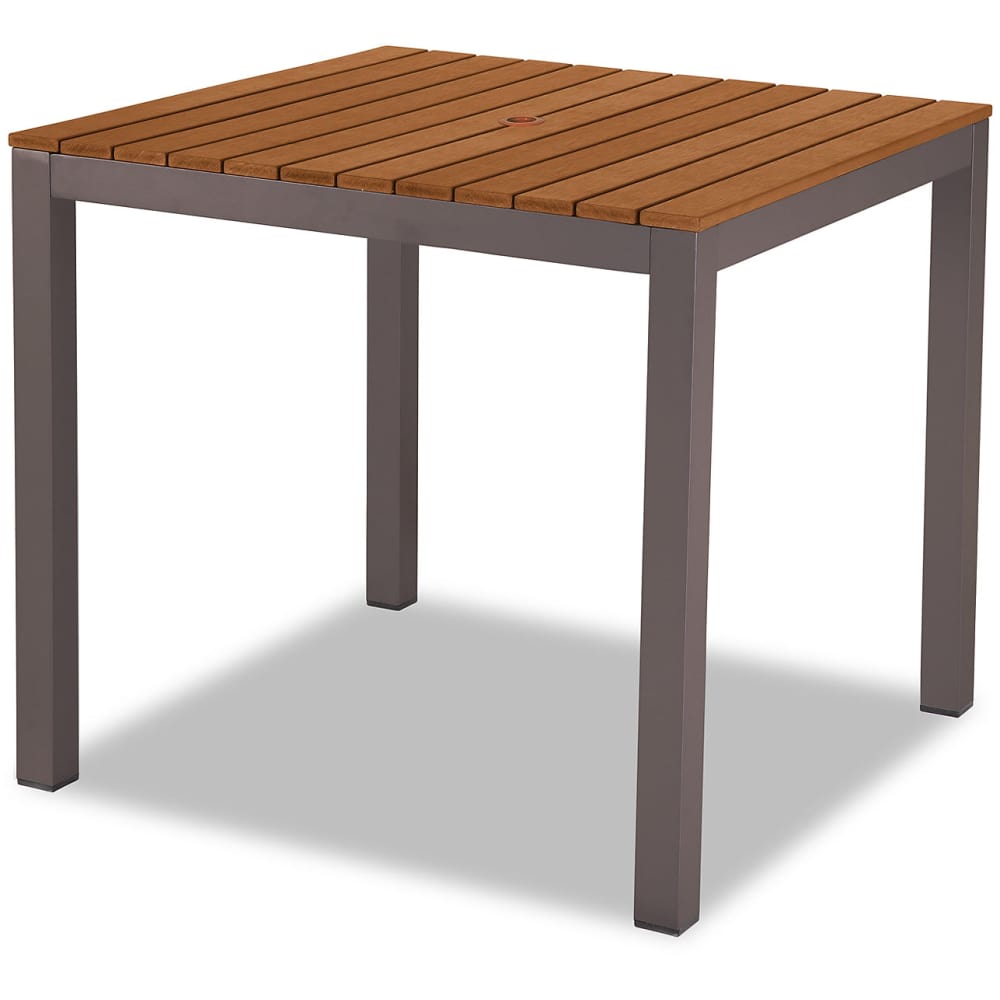 Dining table selection, Aluminum patio in Rust Color finish with faux teak Slats
