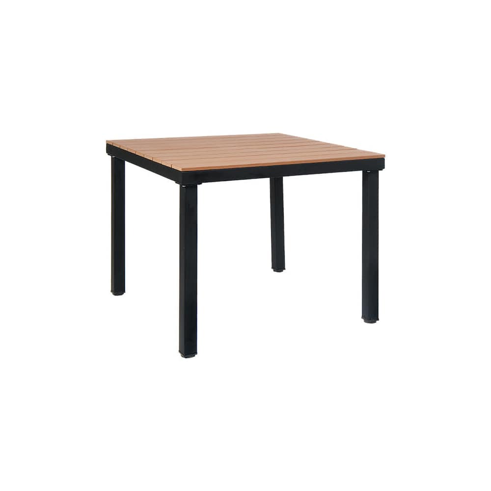 Dining table selection, Black metal frame and natural finish faux teak top
