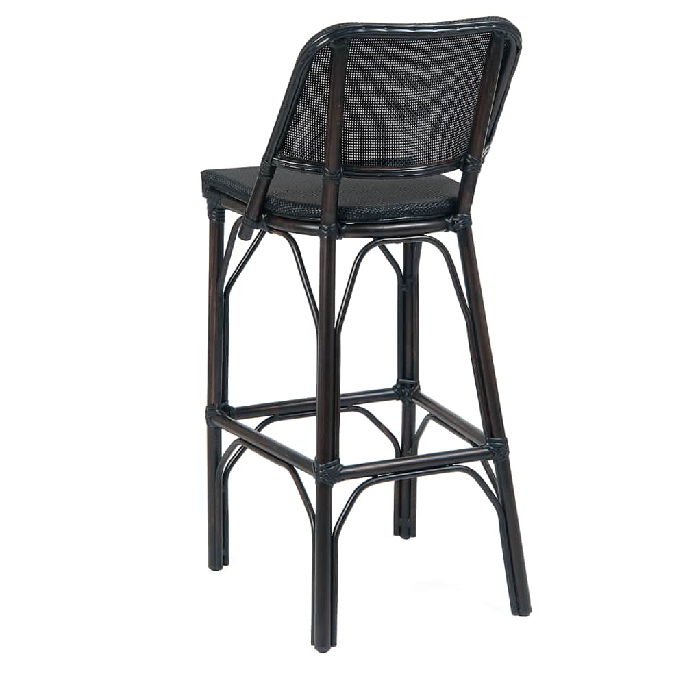 Bar stool selection, Aluminum patio with dark walnut frame and black rattan