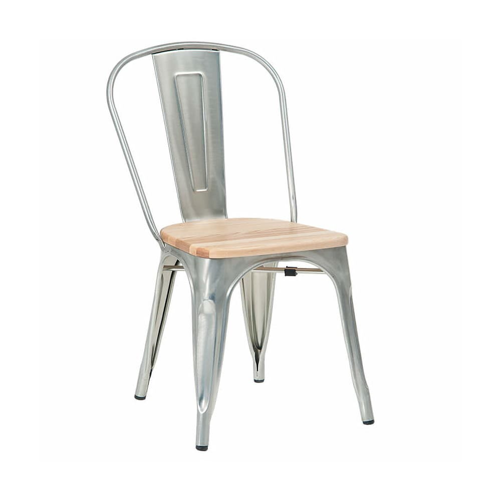 Bistro-Style Metal Chair in Silver Finish and Natural Wood Seat