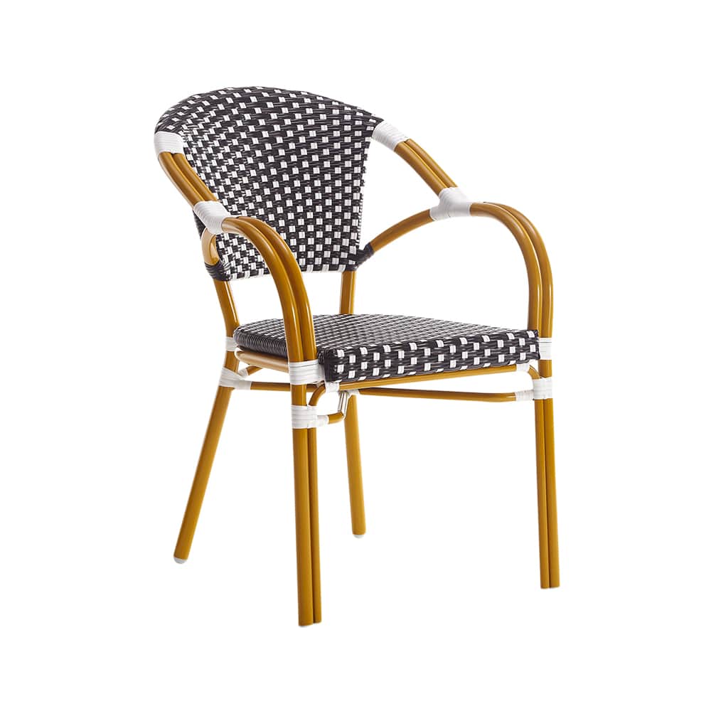 Armchair selection, Aluminum patio in Cherry finish and black and white rattan