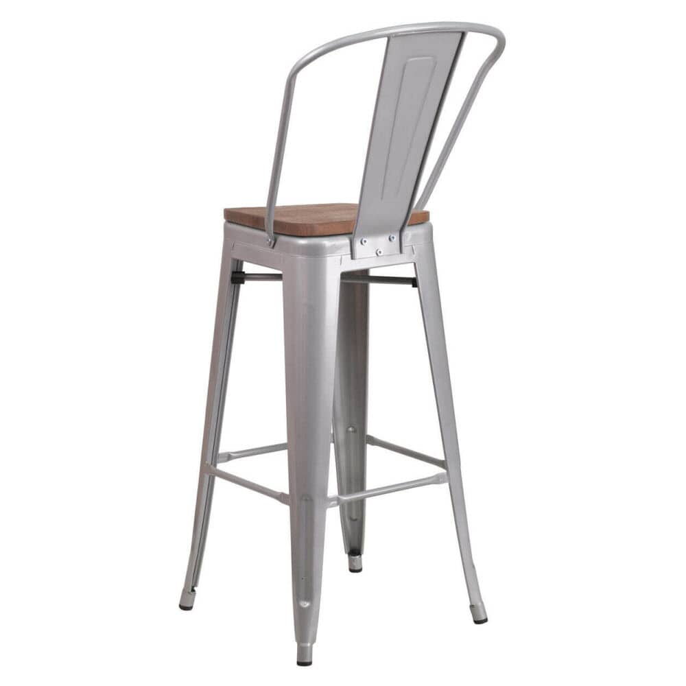 Bistro-Style Silver Metal Bar Stool with Walnut Wood Seat