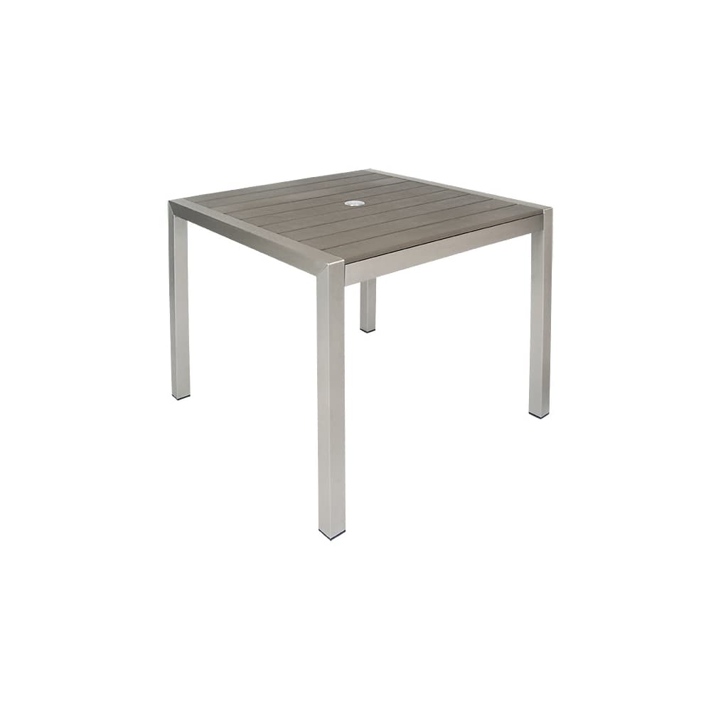 Dining table selection, Aluminum patio in gray finish with faux teak Slats