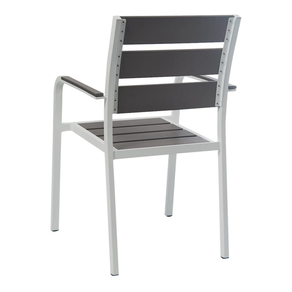 Armchair selection, White aluminum patio with gray faux teak