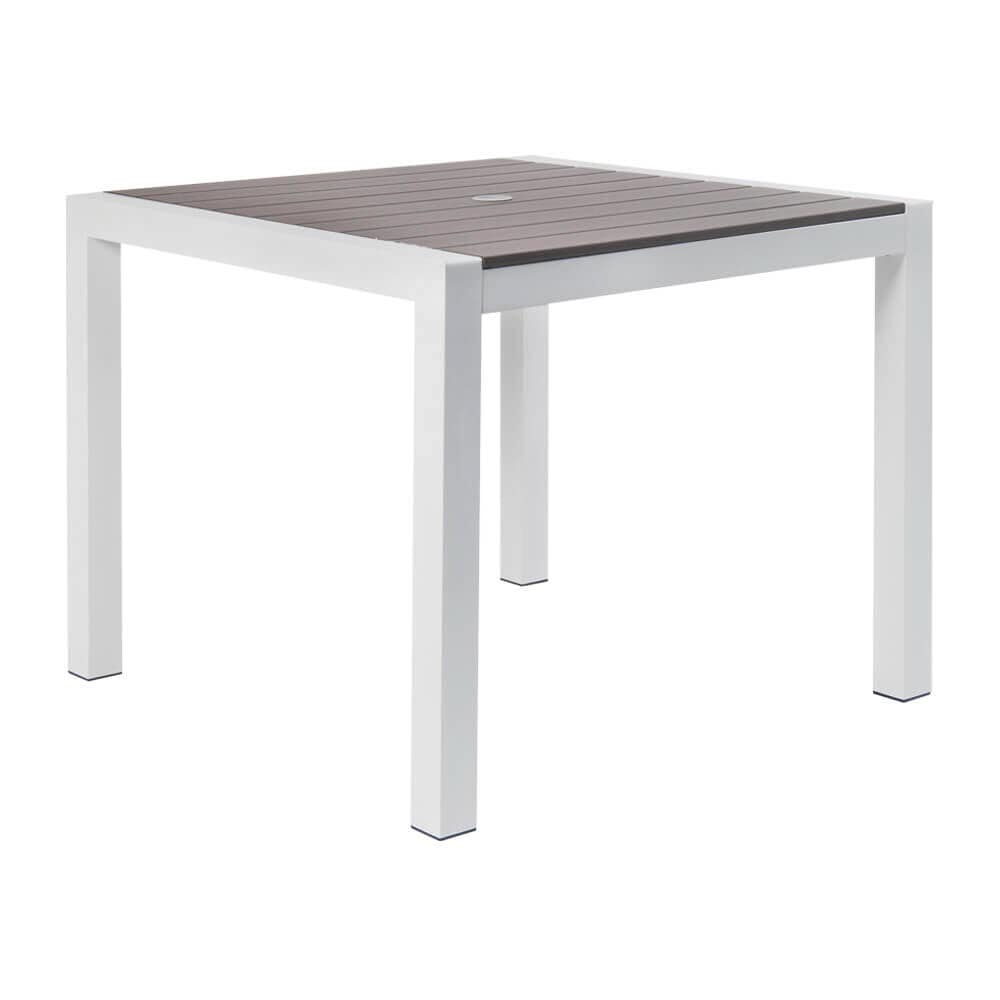 White Aluminum Patio Table with Gray Faux Teak Top