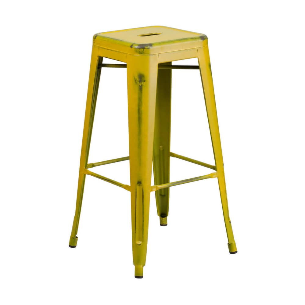 Backless Distressed Yellow Bistro-Style Bar Stool