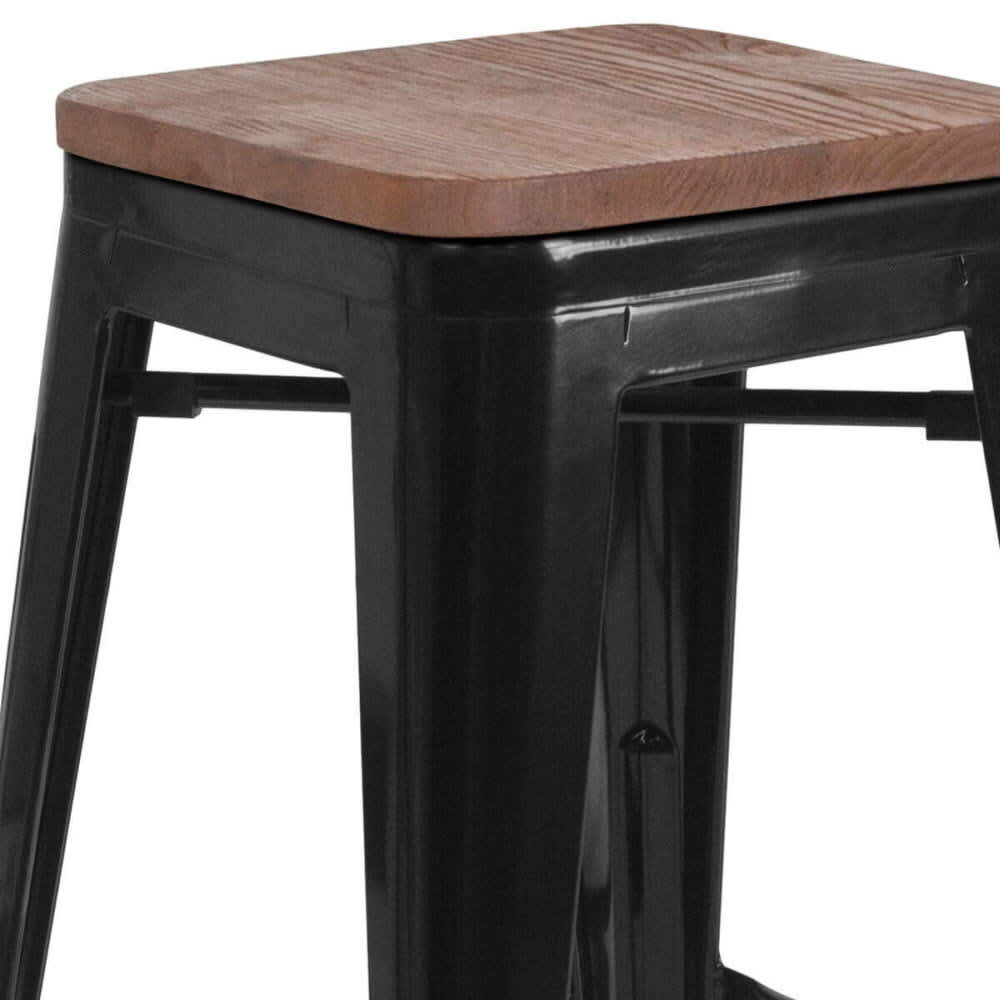 Bistro-Style Black Metal Backless Bar Stool with Walnut Wood Seat
