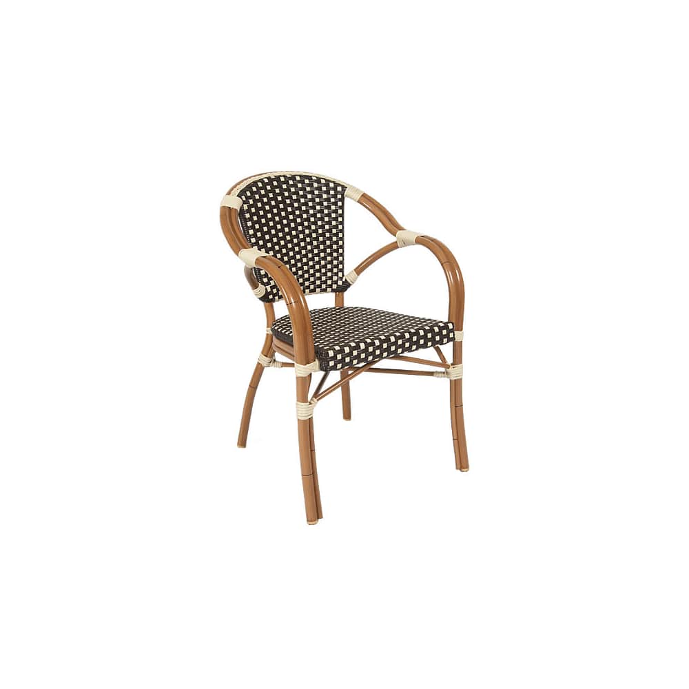 Armchair selection, Aluminum patio in walnut finish with Brown and white faux Wicker
