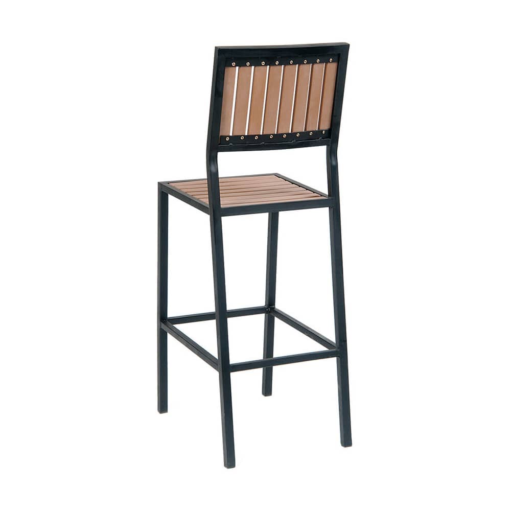 Bar stool selection, Black metal with natural finish vertical slat faux teak