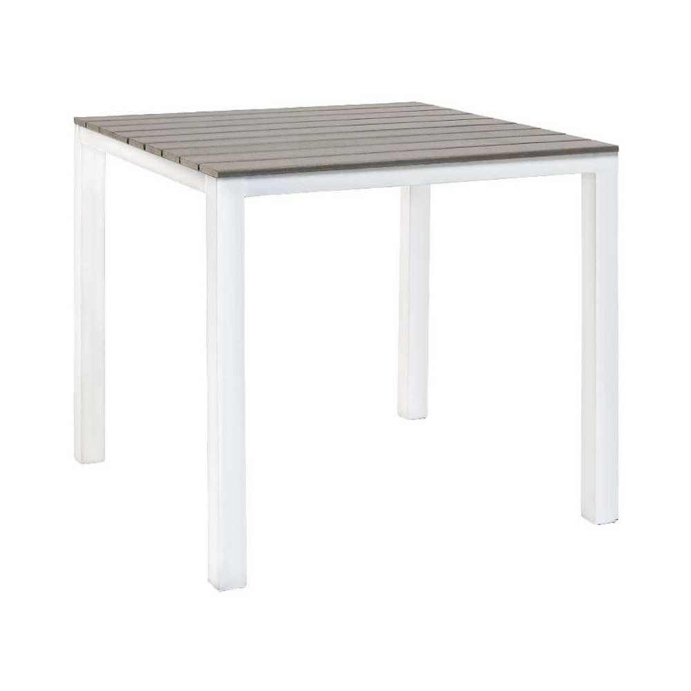 Dining table selection, White metal frame and gray finish faux teak top