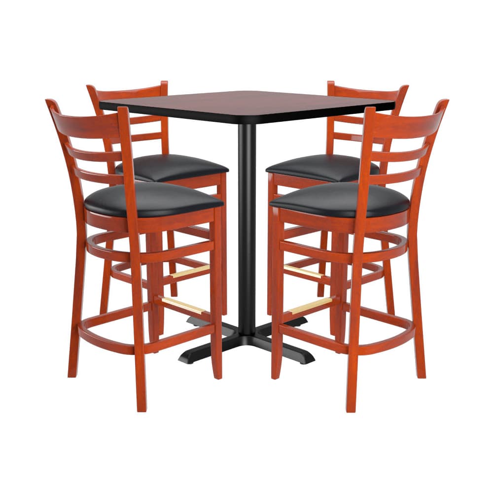 Bar dining set selection, 4 ladder-back wood bar stools with a square reversible table